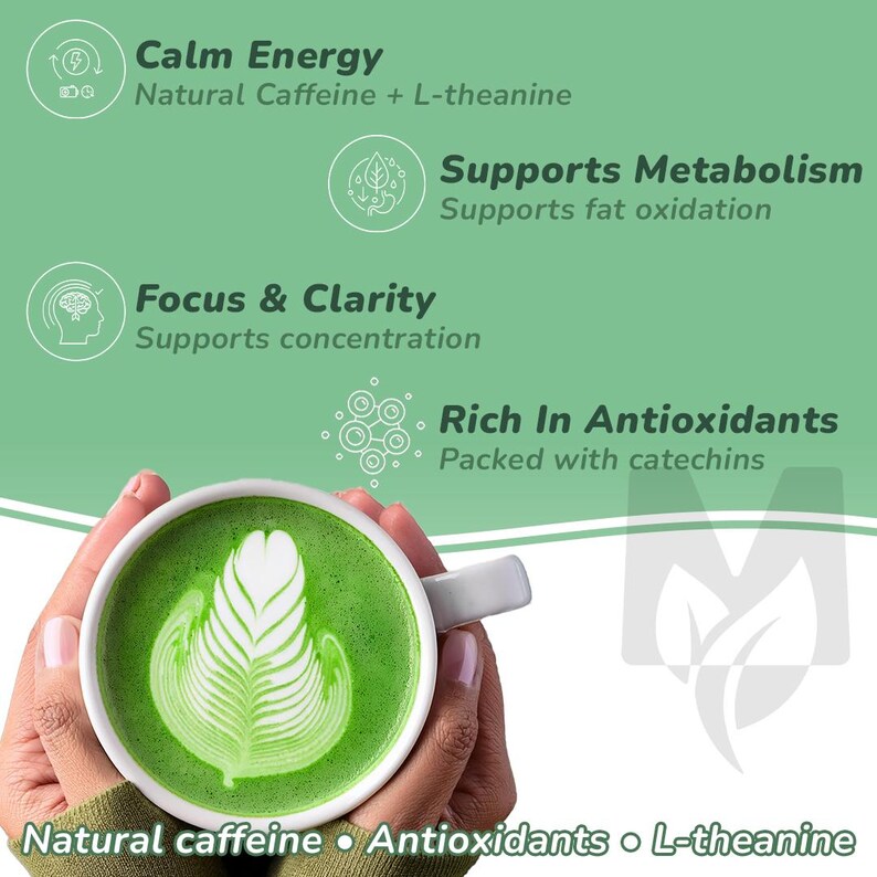 May include: A white mug filled with green matcha latte, featuring latte art. The image includes text highlighting benefits: Calm Energy, Focus & Clarity, and Rich in Antioxidants. The text also mentions natural caffeine, antioxidants, and L-theanine.