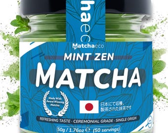 Matchaeco / Té verde matcha ceremonial en polvo: Menta Zen, auténtico té molido en piedra, cultivado en Japón, con sabor a matcha. Ingredientes naturales.