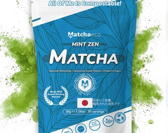 Matchaeco / 30 g de té verde matcha ceremonial en polvo: Menta Zen, auténtico té molido a la piedra cultivado en Japón, matcha aromatizado con ingredientes naturales.