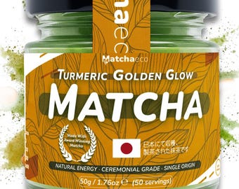 Matchaeco / Té verde matcha en polvo con cúrcuma: auténtico matcha de grado ceremonial de origen japonés, molido en piedra, con ingredientes naturales.