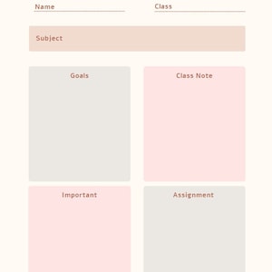 Puede incluir: Un planificador de estudios imprimible con secciones para el nombre, la clase, el tema, las metas, las notas de clase, las tareas importantes y las asignaciones. El planificador tiene un esquema de color rosa y gris.