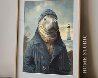 Coastal Manatee Art Print - Whimsical Nautical Portrait, Seaside Fisherman Character, Lighthouse Scene, Rustic Wall Art