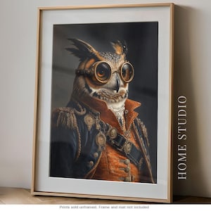 Steampunk Owl Art Print - Quirky Great Horned Picture, Brass Goggle Style, Dark Academia Decor