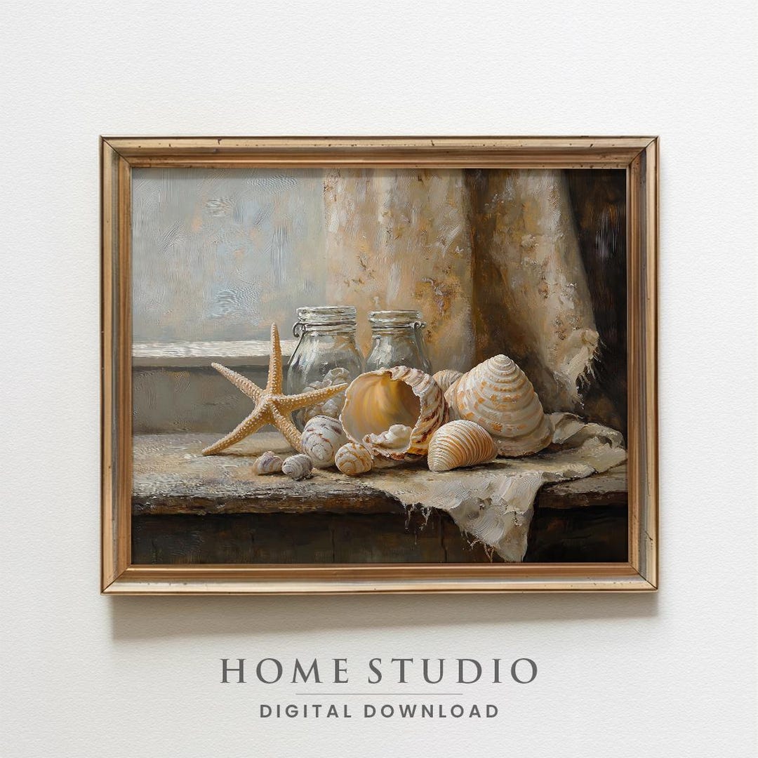 Rustic Seashell Picture Seashell in Window Still Life – Printable Coastal Wall Art, Rustic ...