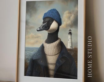 Canada Goose Art Print - Coastal Lighthouse Picture, Maritime Bird Style, Moody Beach, Nautical Fisherman
