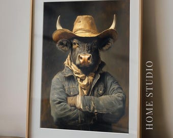 Cowboy Bull Art Print - Western Ranch Picture, Vintage Steer Cow, Quirky Farmhouse, Rustic Texas