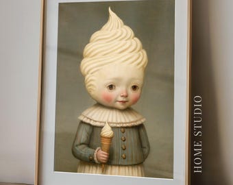 Lámina artística de helado suave - Retrato de postre caprichoso, decoración de cocina original, vainilla surrealista