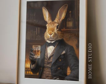 Retrato de conejo y whisky - Decoración para bar en casa, arte para sala de whisky, liebre elegante, estampado animal