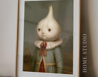 May include: A framed art print featuring a portrait of a character with a white onion-shaped head, wearing a blue coat with gold trim, a red vest, and a white ruffled collar with a red ribbon. The text HOME STUDIO is printed vertically on the right.