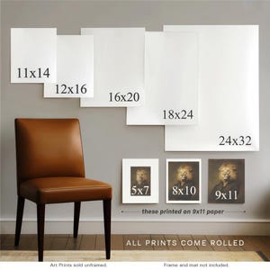 a collection of framed art prints on a wall, each with a different size and paper size. The prints are arranged in a row, ranging from 11x14 to 24x32, and each print is labeled with its corresponding size. A brown leather chair is also present in the scene.
