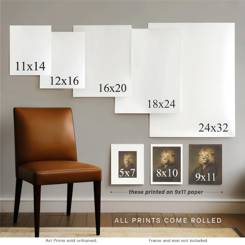 a collection of framed art prints on a wall, each with a different size and paper size. The prints are arranged in a row, ranging from 11x14 to 24x32, and each print is labeled with its corresponding size. A brown leather chair is also present in the scene.