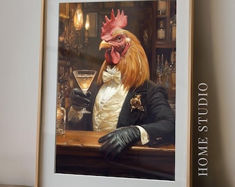 Retrato de gallo camarero - Arte para coctelerías, decoración para bares en casa, lámina para pared con temática de martinis
