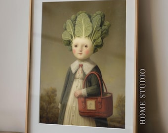 Kale Head Art Print - Whimsical Kitchen Picture, Surreal Produce Portrait, Vintage Humor, Vegetable Greens
