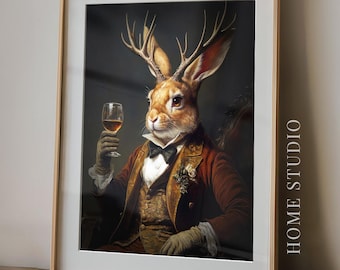 Jackalope Whiskey Art Print - Dapper Rabbit Picture, Vintage Gentleman Stag, Moody Bar Charm