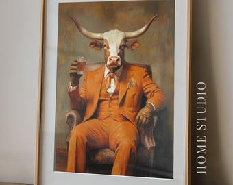 Impresión artística de whisky Longhorn: estilo vintage, imagen del oeste, decoración de bar vaquero, Texas rústico