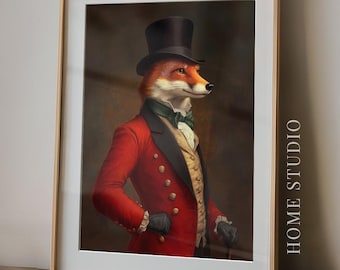 Fox Hunt Art Print - Dapper Fox Picture, Regency Hunter Bar, English Country, Equestrian Decor