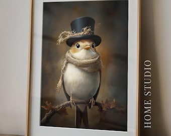 Retrato de pájaro con sombrero de copa - Arte mural otoñal caprichoso, decoración otoñal vintage, lámina de gorrión peculiar