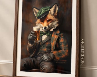 Irish Pub Fox Portrait Print - Bar Cart Decor, Vintage Lounge Style, Whimsical Animal Art