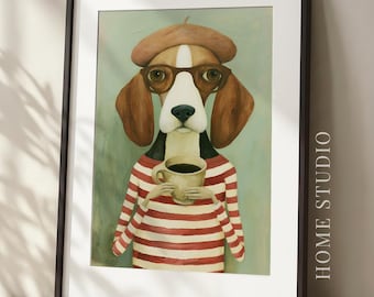 Retrato de un beagle tomando café - Arte canino beatnik, decoración de café parisino, té original, lámina para la cocina