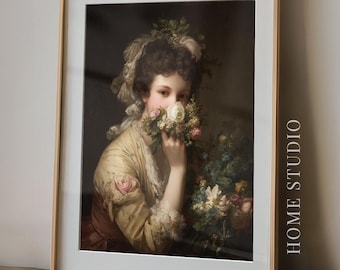 Romantic Bathroom Art Print - Lady Hiding Behind Flowers, Powder Room Humor, Funny Vintage Style