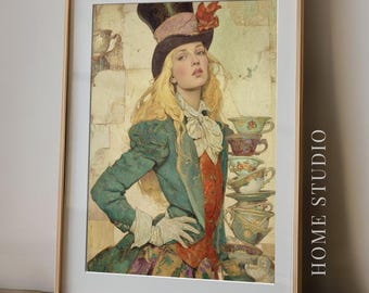 Retrato de Alicia y el Sombrerero Loco - Cuadro del País de las Maravillas, Arte de pared para fiesta del té, Decoración fantástica y caprichosa