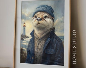 Fisherman Otter Portrait - Nautical Animal Art, Coastal Wall Decor, Seaside Wildlife Print, Whimsical Maritime