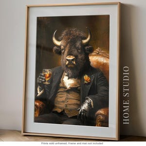 Buffalo Gentleman Portrait – Vintage Style Bison Wall Art, Classic Bar Illustration, Office Cabin Decor
