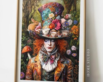 May include: A framed art print featuring a person with bright orange hair wearing a large, colorful top hat adorned with flowers, a small rabbit, and teacups. The person wears a ruffled collar and a patterned jacket. The text HOME STUDIO is visible.