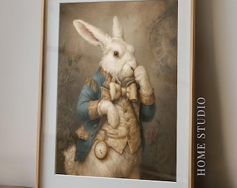 Arte de Conejo Blanco para Baño - Decoración de Pared del País de las Maravillas, Lámina Divertida para el Tocador, Retrato de Conejo Victoriano