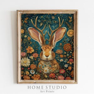 Ornate Jackalope Portrait Unframed Art Print Whimsical Floral Animal Forest Wall Decor Fantasy Home Artwork Nature Lovers Fantasy Cryptid