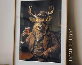 Distinguished Elk Art Print - Vintage Pub Picture, Whiskey Tavern, Rustic Bar Gentleman, Dapper Stag