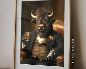 Retrato de caballero búfalo: arte mural de bisonte de estilo vintage, ilustración clásica para bar, decoración de oficina o cabaña.