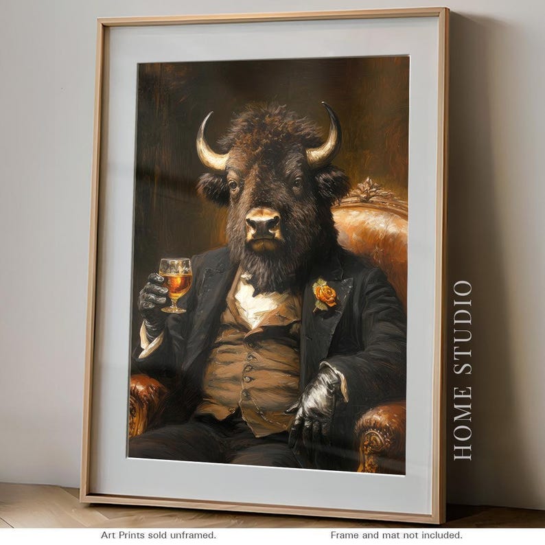 Bison Whiskey Portrait - Home Bar Decor, Dapper Buffalo Wall Art, Masculine Animal Print zdjęcie 1