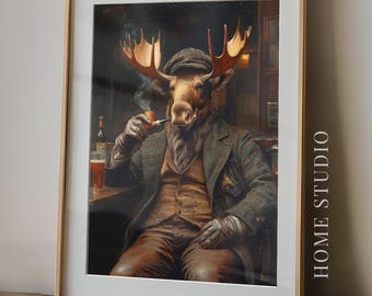 Retrato de Moose Tavern - Decoración rústica de cabaña, arte mural para fumadores de pipa, estilo cabaña vintage