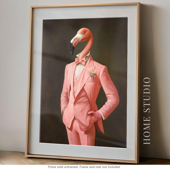 Pink Suit Flamingo Art Print - Dapper Bird Picture, Vintage Gentleman Style, Quirky Florida Animal