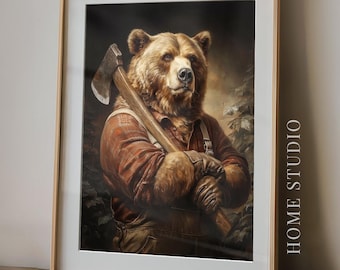 Lumberjack Bear Art Print - Rustic Lumber Jack Picture, Vintage Style, Quirky Animal, Moody Cabin