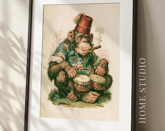 Lámina artística de mono tiki - Imagen de bar tropical, decoración isleña retro, cigarro bongos, sombrero fez