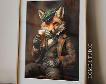 Lámina con retrato de zorro de pub irlandés - Decoración para carrito de bar, estilo lounge vintage, arte animal caprichoso