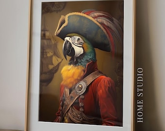 Impresión de loro guacamayo pirata: capitán de barco náutico, estilo marino vintage, peculiar ave playera caribeña.