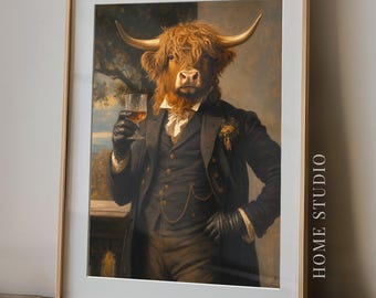 Highland Cow Whiskey Portrait - Bar Cart Decor, Rustic Wall Art, Scottish Cattle Print