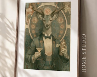 Retrato de ciervo camarero - Decoración para coctelería, arte para la pared del bar en casa, lámina Art Nouveau, lámina de ciervo