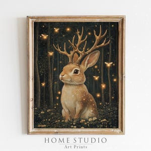 Whimsical Jackalope Forest Art Print Unframed Enchanted Animal Wall Decor Mystical Woodland Home Accent Rabbit Gift Nature Fantasy Cryptid