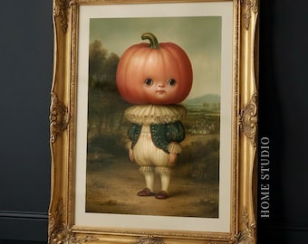 Retrato de cabeza de calabaza: arte mural de Halloween caprichoso, decoración otoñal vintage, lámina otoñal original.
