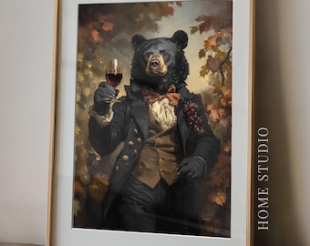 Black Bear Red Wine Portrait - Vineyard Wall Art, Wine Cellar Decor, Dapper Animal Print