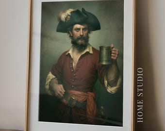 Retrato de bar pirata - Decoración de bar en casa, arte de pared de pub, lámina de taberna vintage, tiki costero