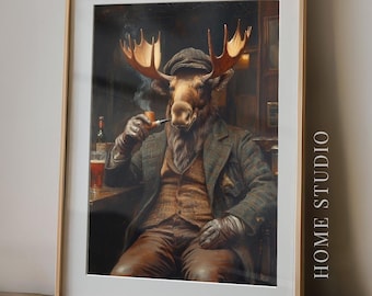 Moose Tavern Portrait - Rustic Lodge Decor, Pipe Smoking Wall Art, Vintage Cabin Style