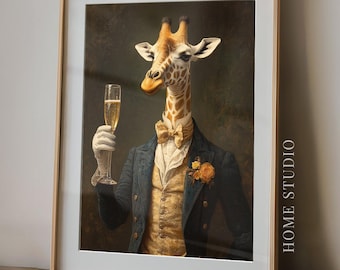 Giraffe Champagne Portrait - Dapper Animal Art, Home Bar Decor, Vintage Lounge Print