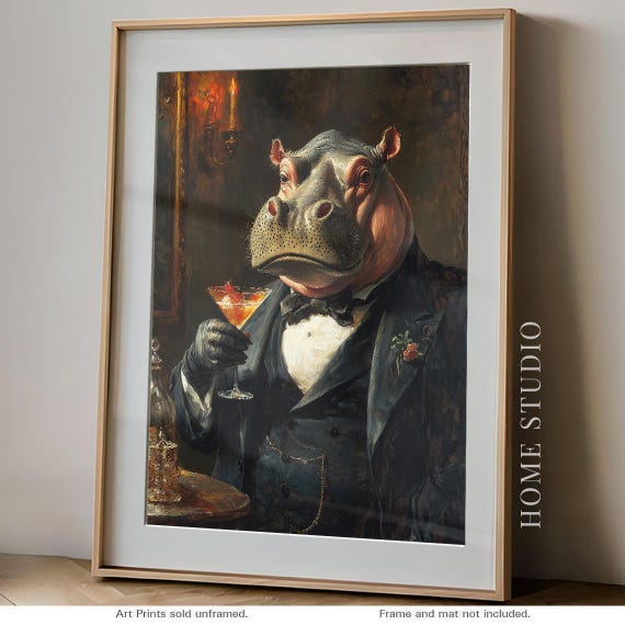 Hippo Cocktail Portrait - Vintage Bar Decor, Lounge Wall Art, Speakeasy Animal Print