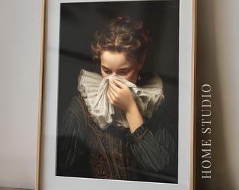 Mujer renacentista con la nariz tapada - Arte de baño vintage divertido, impresión clásica de retrato melancólico, humor apestoso
