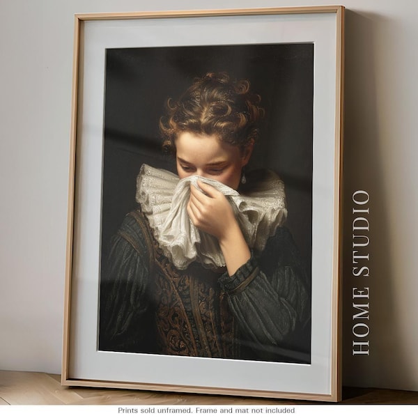 Mujer renacentista con la nariz tapada - Arte de baño vintage divertido, impresión clásica de retrato melancólico, humor apestoso
